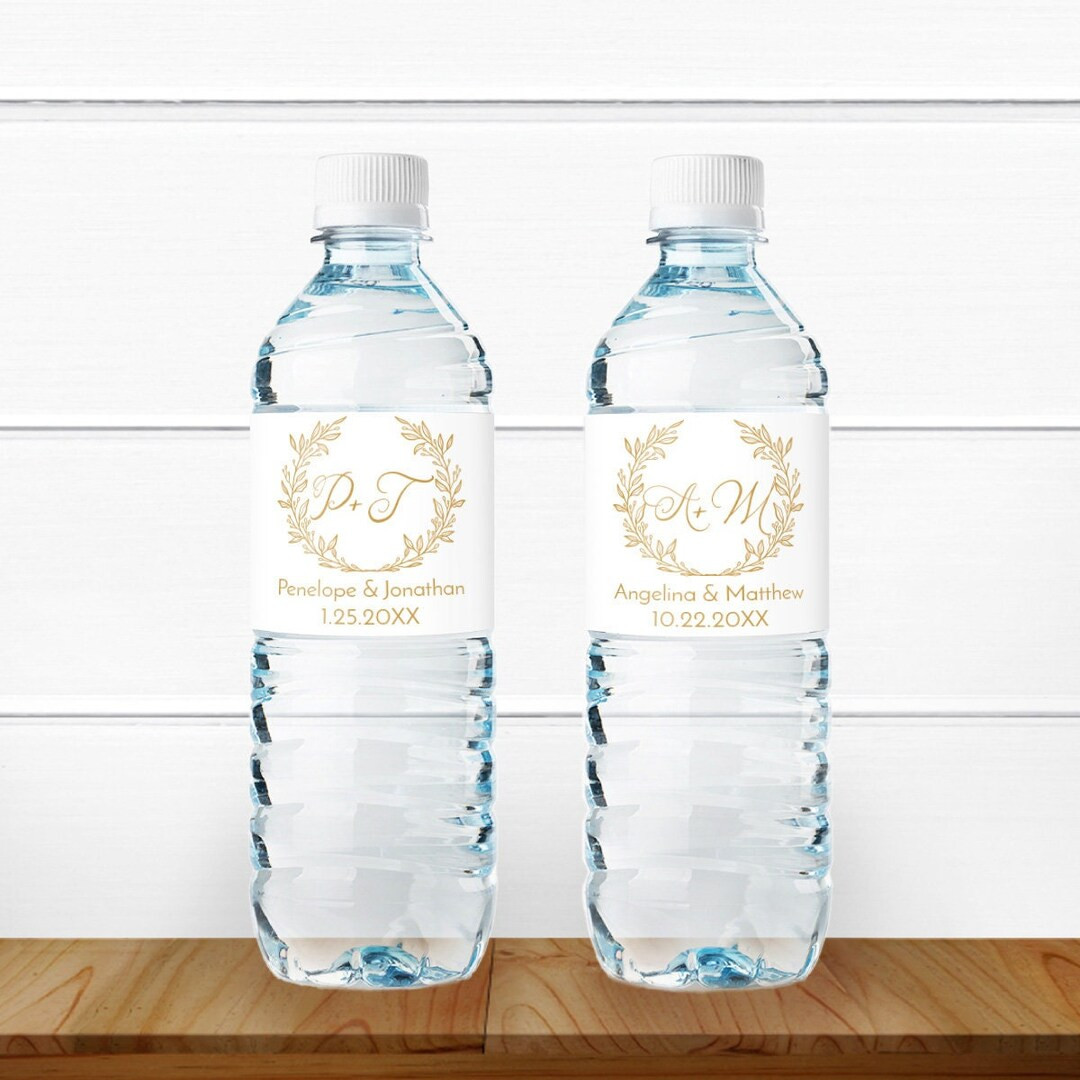 Wedding Party Favors, Set of 15, Golden Wreath Initials Personalized Water Bottle Labels, Water B... | Etsy (US)