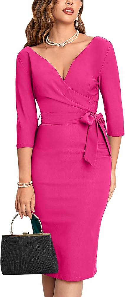 MUXXN Women's Vintage Faux Wrap V Neck 3/4 Sleeve Formal Classic Party Work Dress with Belt | Amazon (US)
