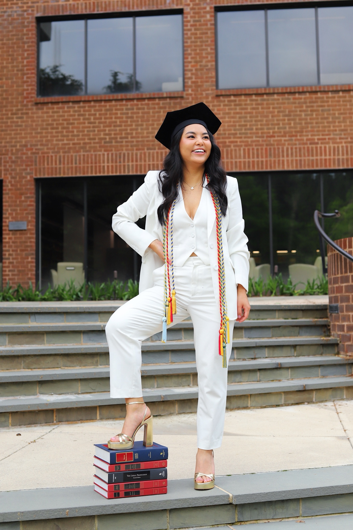 white suit - three piece woman suit with white vest, gold heels and white blazer and pants combo. Wearing size XS in all pieces and petite friendly! 

#LTKShoeCrush #LTKWorkwear #LTKStyleTip