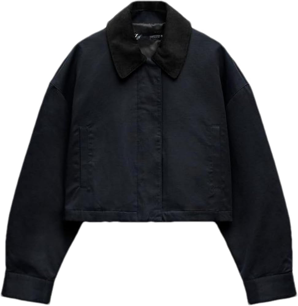 Women's Cropped Jacket Long Sleeve Zip Up Corduroy Collar Jackets Outwear with Pockets | Amazon (US)