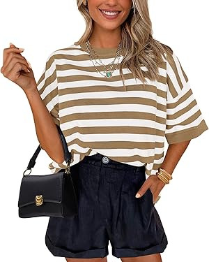 PRETTYGARDEN Womens Spring Summer Tops Fashion Striped Short Sleeve Sweater Crew Neck Lightweight... | Amazon (US)