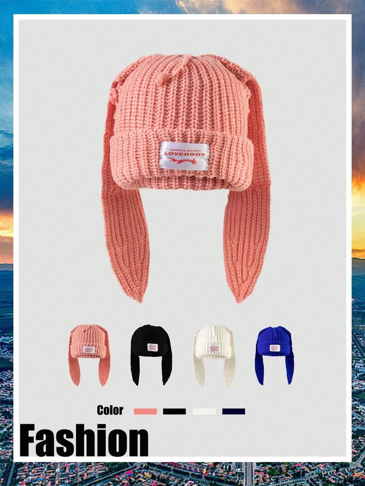 1pc Women's Fashionable Personality Knitted Hat, New Double-Layer Thick Cute Rabbit Ear Patch Kni... | SHEIN