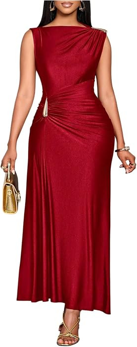 Milumia Women's Elegant Ruched Boat Neck Wedding Guest Long Maxi Dresses | Amazon (US)