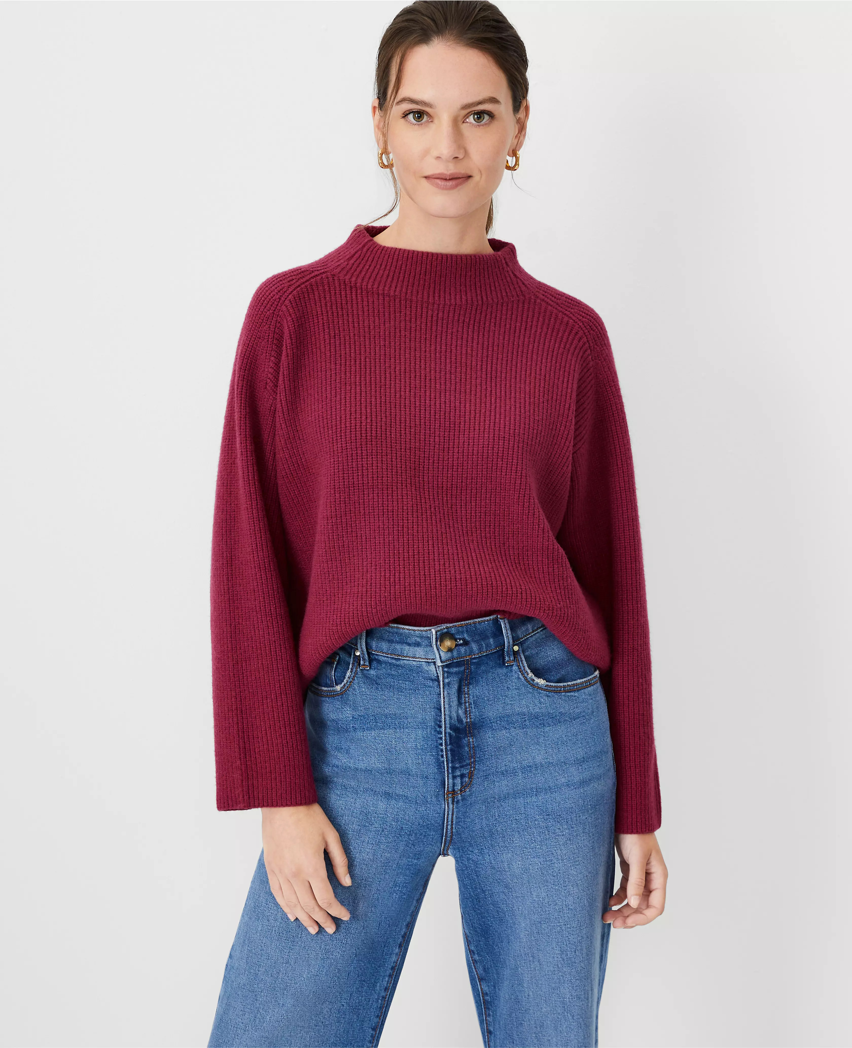 Petite Ribbed Relaxed Funnel Neck Sweater | Ann Taylor (US)