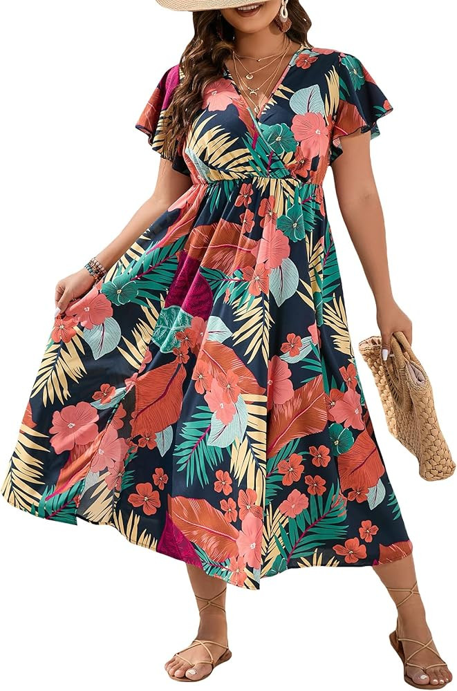 Floerns Women's Plus Size Boho Floral V Neck Short Sleeve A Line Long Dress | Amazon (US)