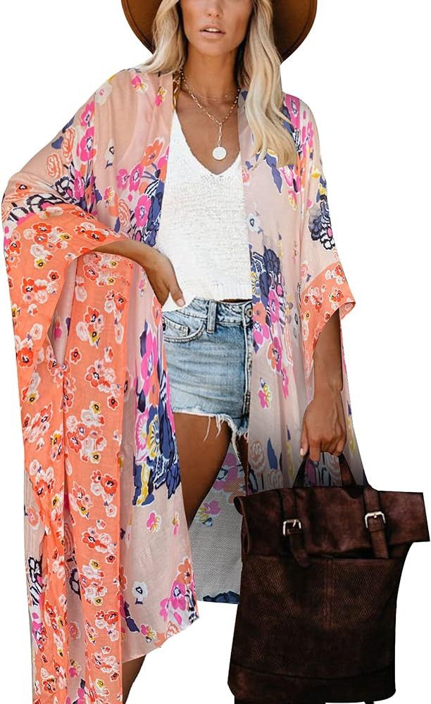 Moss Rose Women's Beach Kimono Coverup - Sheer Chiffon Open Front Cardigan, Navy, One Size Fits XS-2X