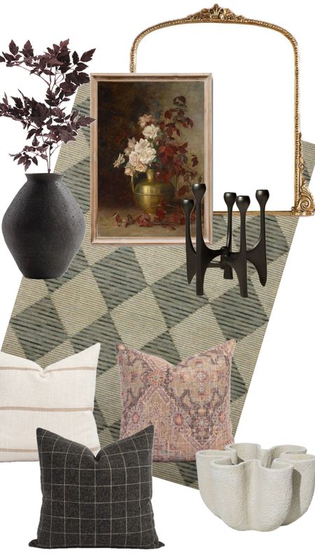 Romantic winter living room decor with deep jeweled tones and vintage floral prints! Collected living room design. 
Checkered rug
Designer pillows - get the inserts! 
Antique looking vase
Quality faux branches that look real
Modern candle holder 
Gold romantic mantel mirror 

#LTKhome #LTKsalealert