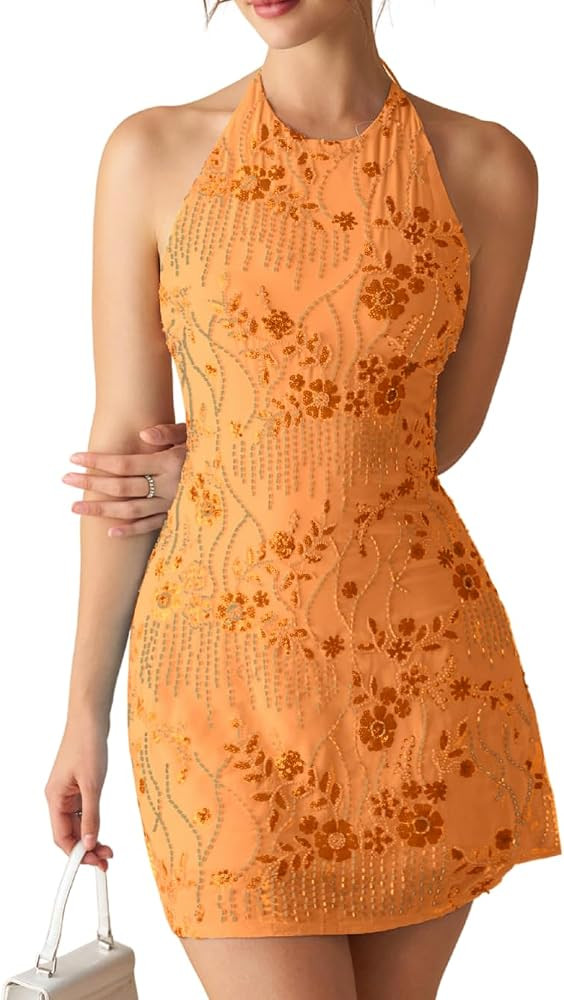 Amazon.com: EHSUYAB Women 2000S Beaded Mini Dress Backless,Sparkly Sequin Rhinestone Floral Embel... | Amazon (US)
