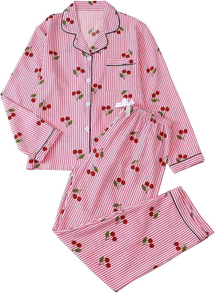 BEAUDRM Women's 2 Piece Striped Pajama Set Cherry Print Button Down Collared Shirts with Lounge P... | Amazon (US)