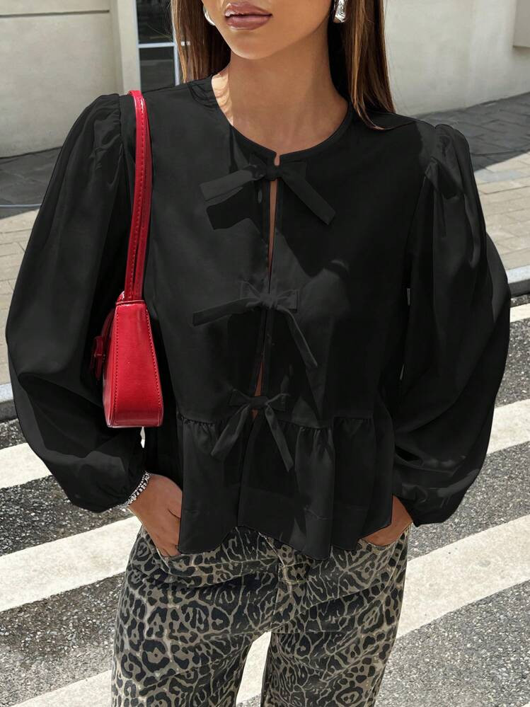 SHEIN EZwear Women's Solid Color Front-Tie Long Sleeve Minimalist Casual Shirt,Long Sleeve Tops | SHEIN