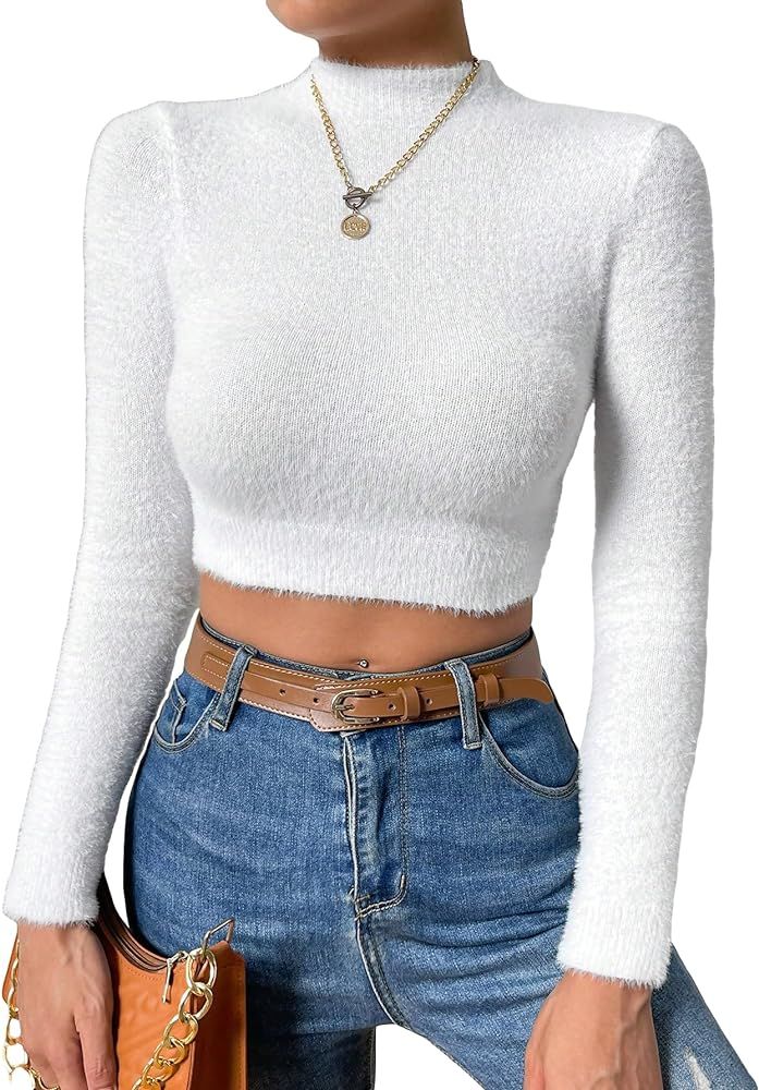 SweatyRocks Women's Mock Neck Slim Fit Crop Tops Long Sleeve Fluffy Fuzzy Pullover Sweater | Amazon (US)
