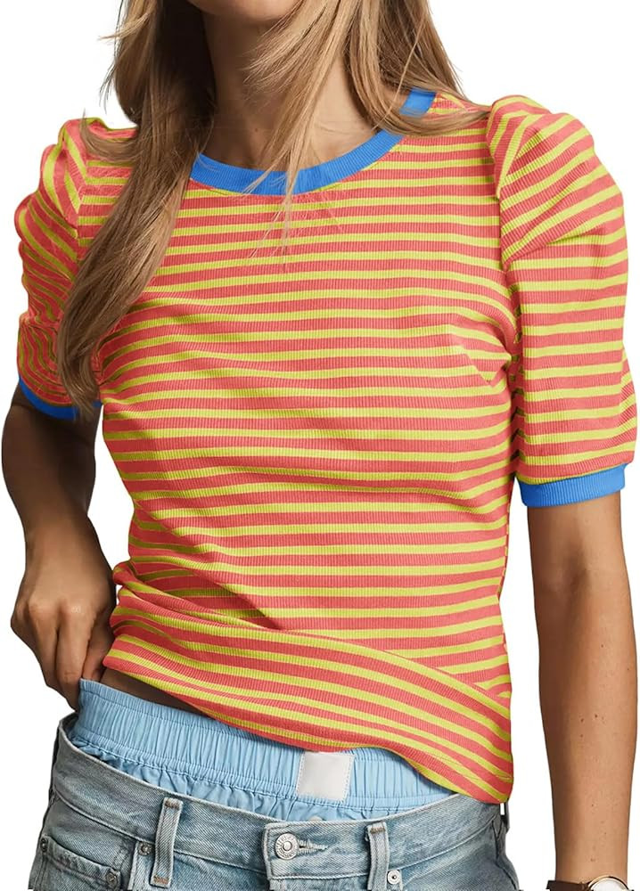 Tankaneo Womens Short Puff Sleeve Tops Trendy Striped Color Block T Shirts Crewneck Casual Shirts | Amazon (US)