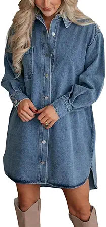 chouyatou Women's Summer Long Sleeve Button Down Denim Shirt Dress Business Casual Midi Jean Tuni... | Amazon (US)