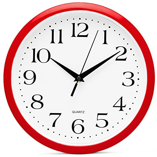 Bernhard Products Red Wall Clock Silent Non Ticking - 10 Inch Quality Quartz Battery Operated Round Easy to Read Home/Kitchen/Office/Classroom/School Clocks, Vintage Retro Red Frame Black Numbers | Amazon (US)