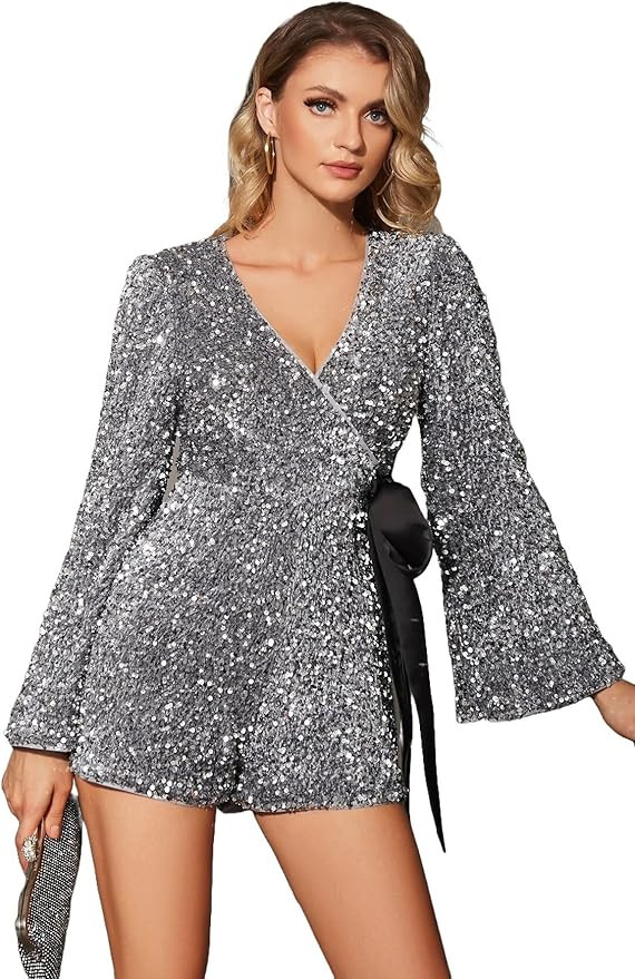 UNIQUE 21 Women Sequin Romper One Piece Shiny Wrap V Neck Shorts Jumpsuit Deep V Neck Long Sleeve... | Amazon (US)