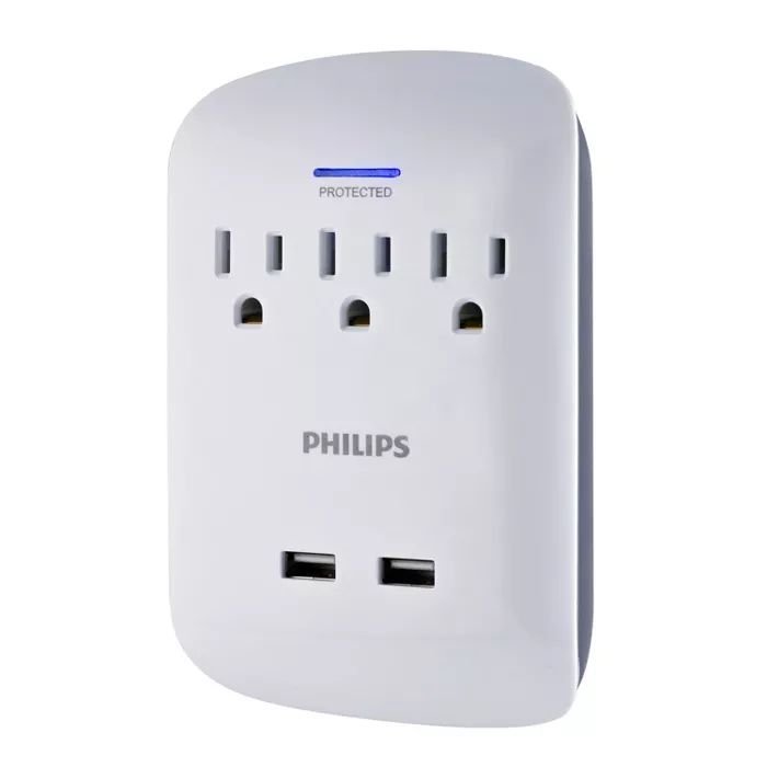 Philips 3-Outlet 2 USB Port Surge Protector Wall Tap, White | Target