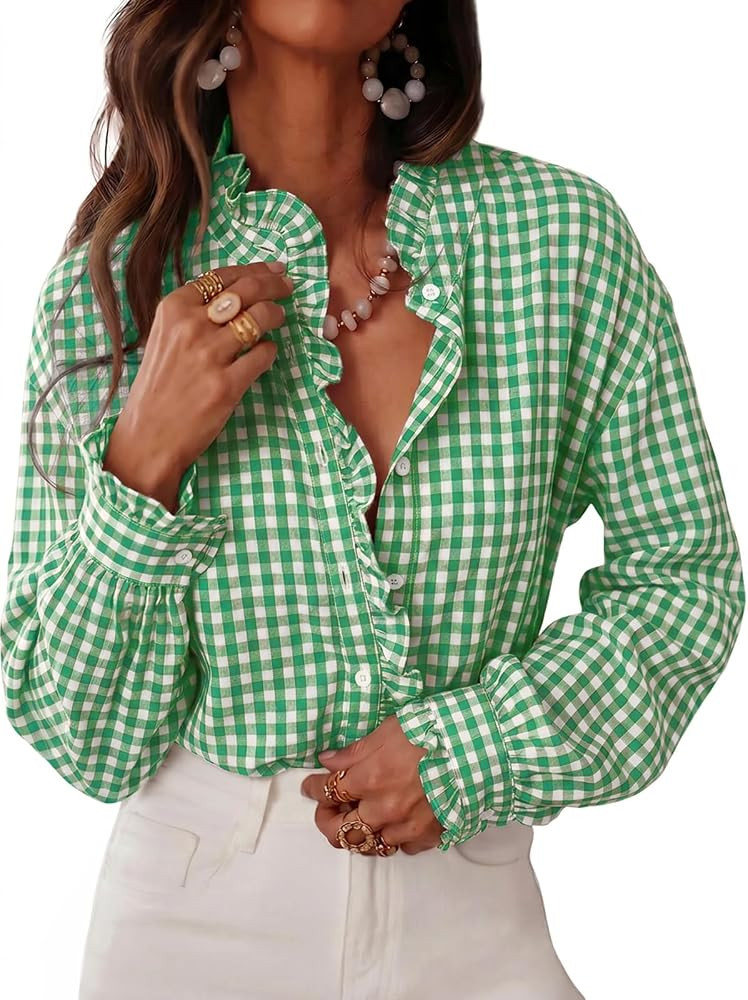 Cicy Bell Womens Plaid Shirts Ruffle Puff Long Sleeve V Neck Gingham Tops     Trendy Casual, Butt... | Amazon (US)