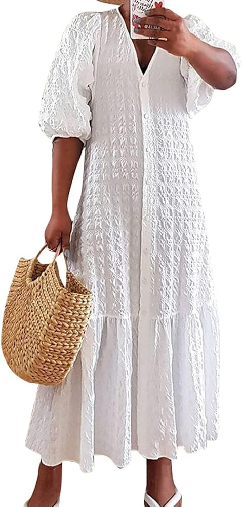 VONDA Women Half Sleeve Maxi Dresses Summer Casual Button Down V Neck Dress | Amazon (US)