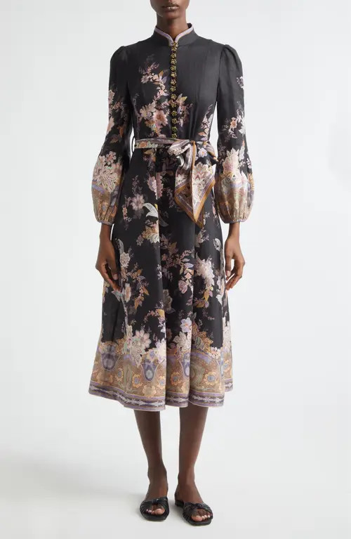 Zimmermann Luna Paisley Print Long Sleeve Linen Midi Dress in Midnight Paisley at Nordstrom, Size 2 | Nordstrom