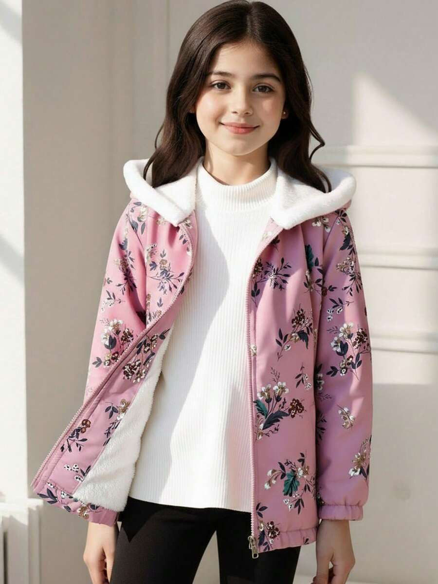 SHEIN Tween Girl Floral Print Fluffy Collar Hooded Padded Jacket, Winter,Holiday,Summer,Travel | SHEIN