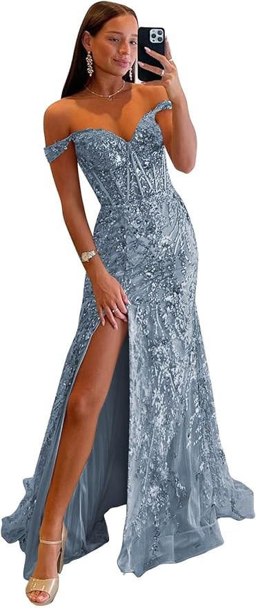 Sparkly Sequin Mermaid Prom Dresses 2026 Off The Shoulder Tulle Evening Gown with Slit | Amazon (US)