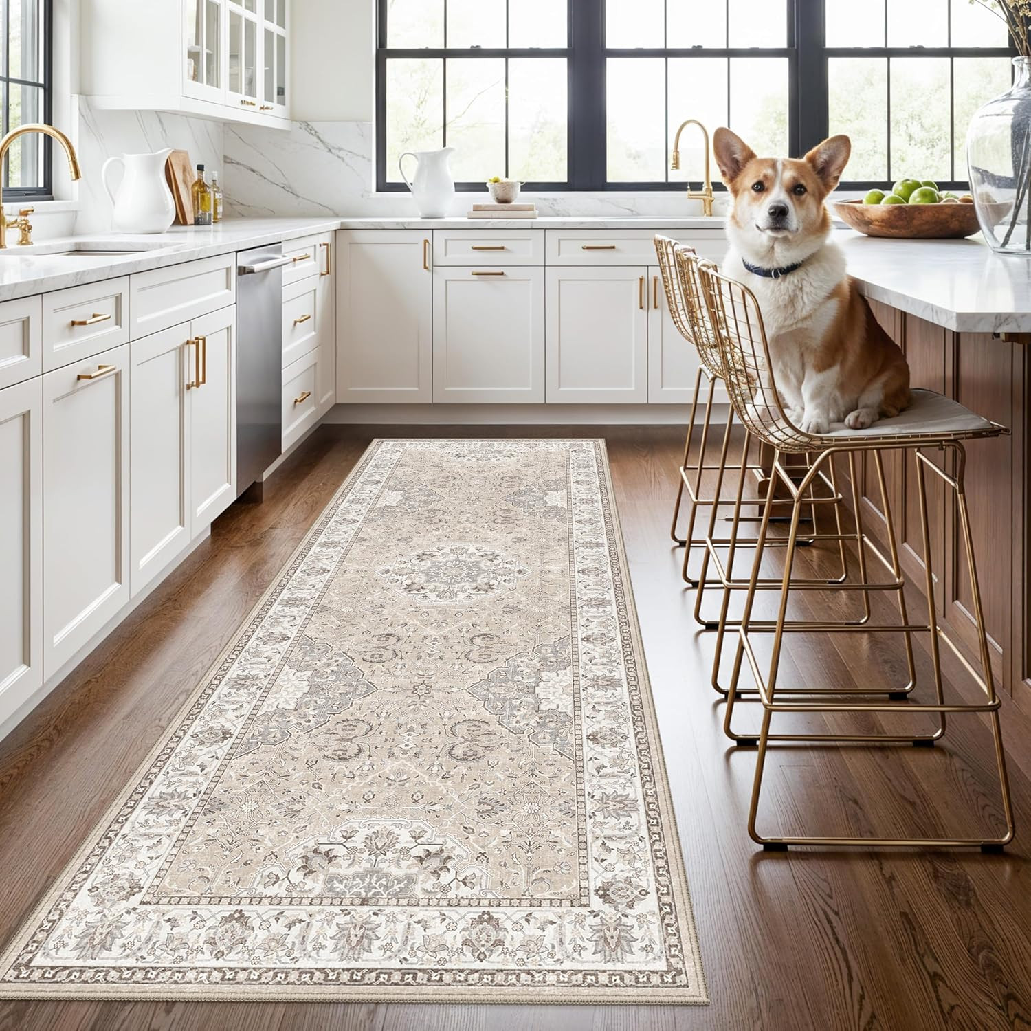 Washable 3x8 Kitchen Runner Rug: Indoor Oriental Hallway Carpet Low-Pile Stain Resistant Entryway Bathroom Area Rug Non Slip Vintage Soft Floor Mat for Living Room Bedroom Boho Home Decor(3x8,Beige) | Amazon (US)