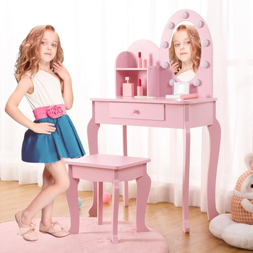 GarveeHome Girls' Vanity Set with Light and Mirror, Makeup Table and Stool for Kids, Wood Dressup Playset for 4-9, Pink | Amazon (US)