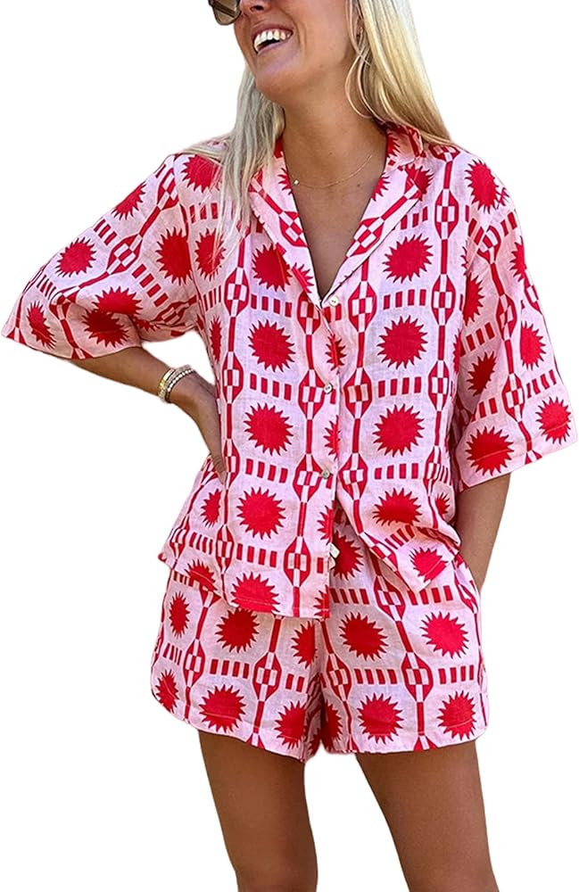 Perbai Women's Boho 2 Piece Beach Outfits Short Sleeve Button Down Shirt Wide Leg Shorts Summer M... | Amazon (US)