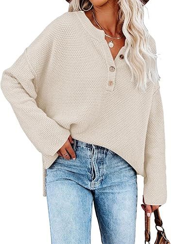 Pink Queen Women's V Neck Button Sweater Oversized Batwing Long Sleeve Henley Pullover Knit Jumpe... | Amazon (US)