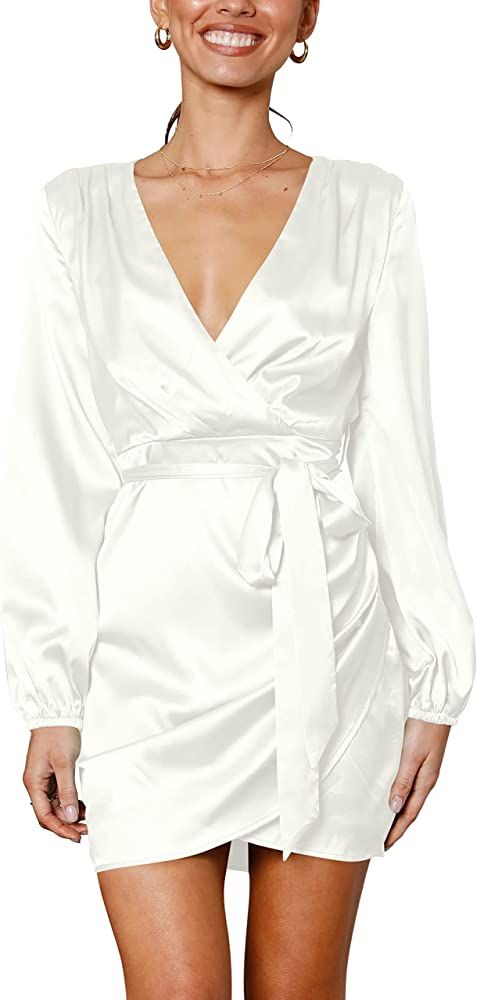 Women's Sexy V Neck Long Lantern Sleeve Ruched Satin Mini Dress Tie Waist Short Dresses | Amazon (US)