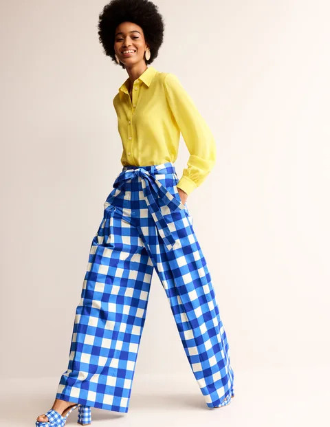 Palazzo Cotton Sateen Pants - Nautical Blue & Ivory Gingham | Boden US | Boden (US)