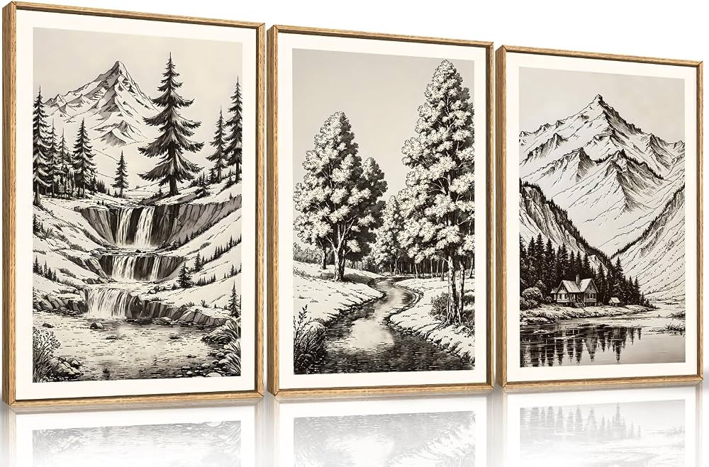 HOURIA Large Vintage Sketch Framed Canvas Wall Art Set,Modern Mountain Tree Wall Decor, Natural B... | Amazon (US)