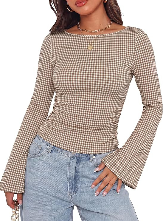 WIHOLL Bell Sleeve Tops for Women Boat Neck Ruched Ribbed Long Sleeve Fall Shirts for Women 2026 | Amazon (US)