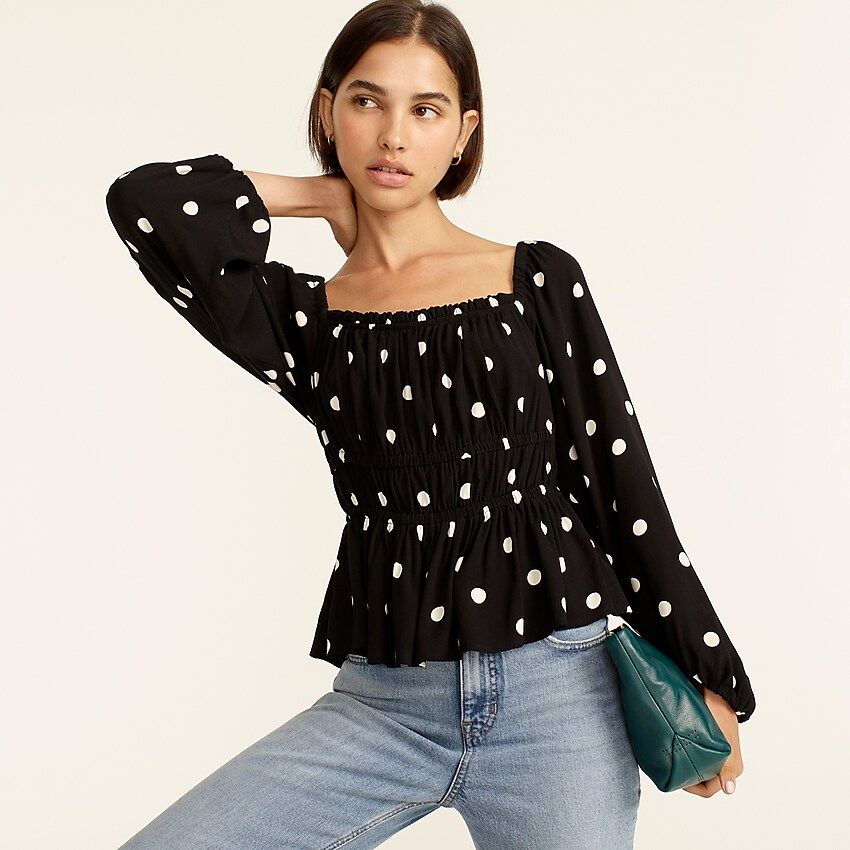 Puff-sleeve drapey crepe top in dots | J.Crew US