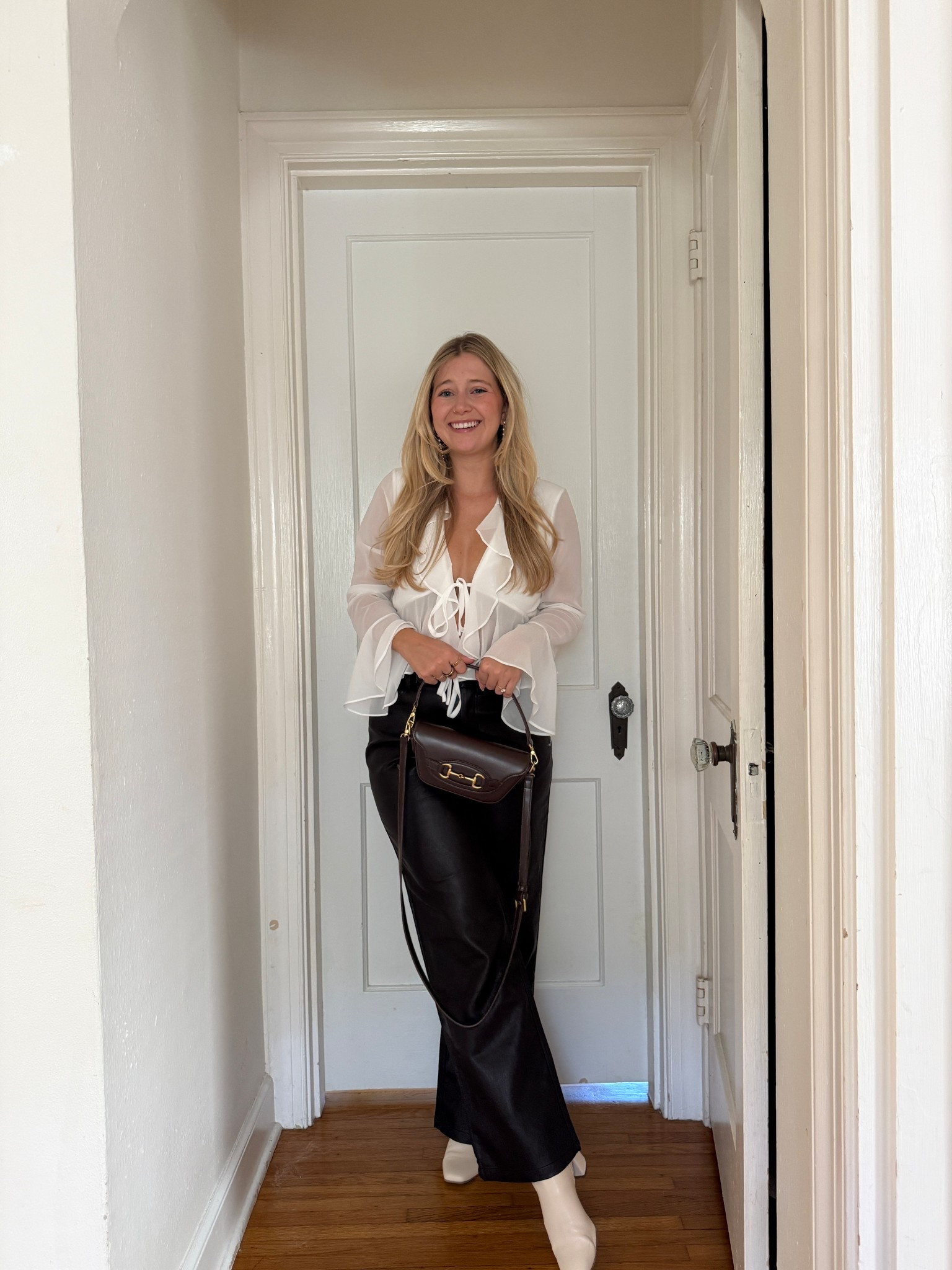 date night outfit 🤎 leather pants, ruffled white top, brown leather 

#LTKValentine #LTKPetite