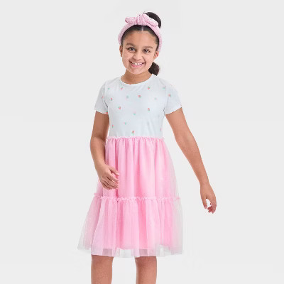Girls' Short Sleeve Knit Tulle Tiered Dress - Cat & Jack™ Pink S | Target