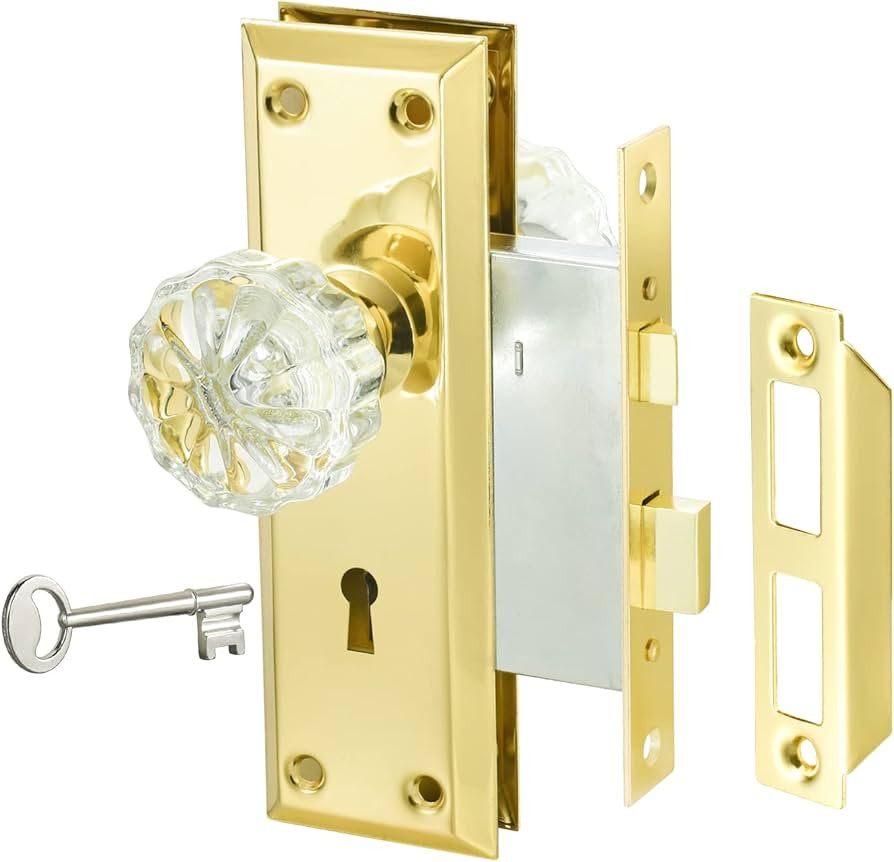 Gold Mortise Lock Set with Crystal Glass Knob, Antique Door Knobs with Lock and Key, Fit Interior... | Amazon (US)