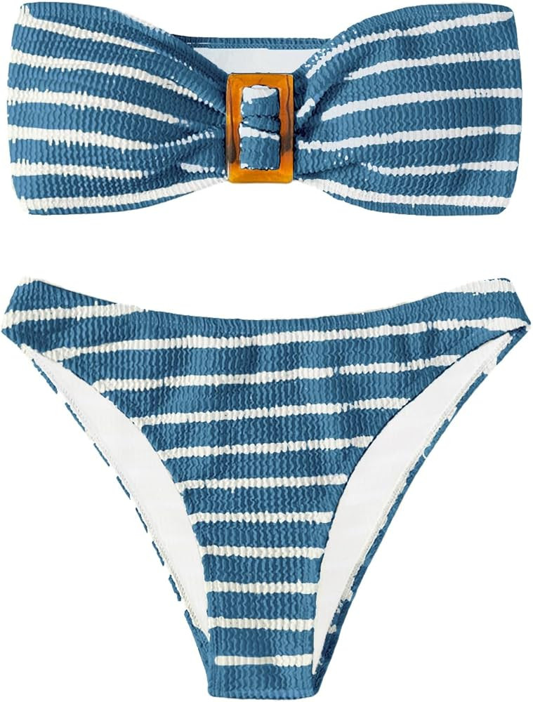 GORGLITTER Women's 2 Piece Strapless Swimsuit Striped Bandeau High Waisted Thong Bikini Set Bathi... | Amazon (US)
