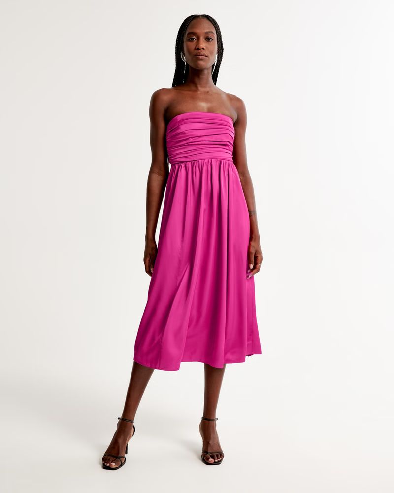 Emerson Ruched Strapless Midi Dress | Abercrombie & Fitch (US)