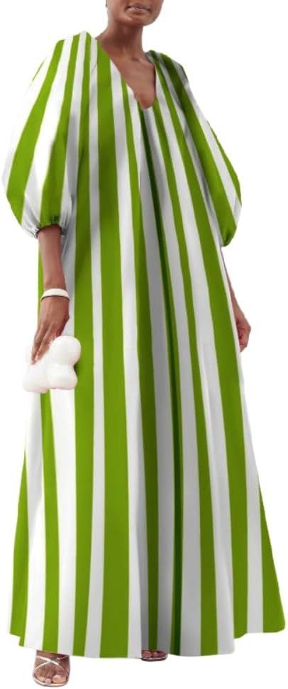Women's Oversized Striped Lantern Sleeve V Neck Maxi Dress Casual Loose Printed Half Sleeve Long ... | Amazon (US)
