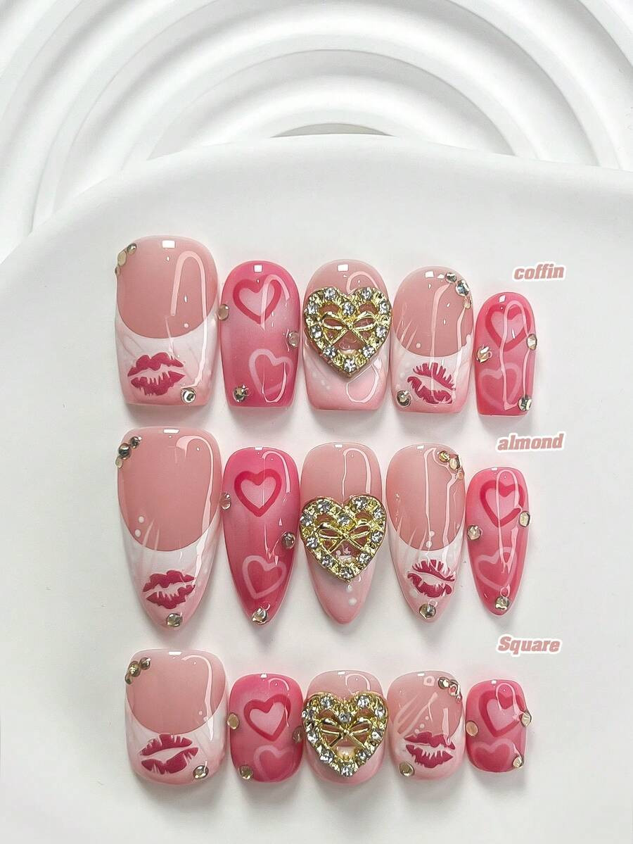 10pcs Romantic Valentine's Day Handmade Nail Art Set, Sexy Lip Nail Decor, Metallic Heart Nail Ac... | SHEIN