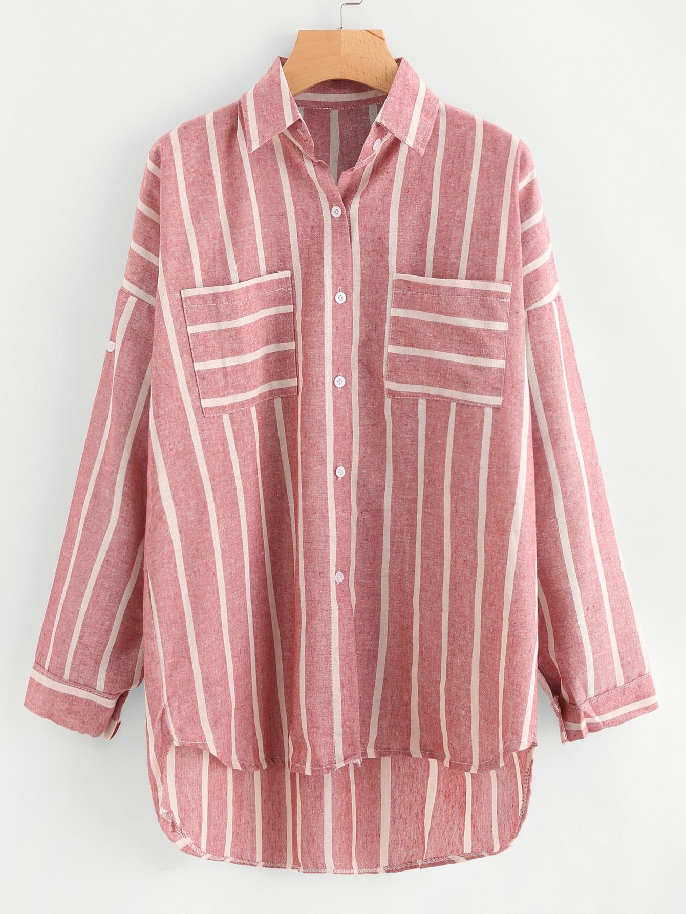 Striped Dip Hem Shirt With Chest Pocket | SHEIN