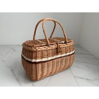 Picnic Basket, Wicker Basket, Market Shopping, Handmade, Three Color Basket With One Top Handle Medium Size | Etsy (US)