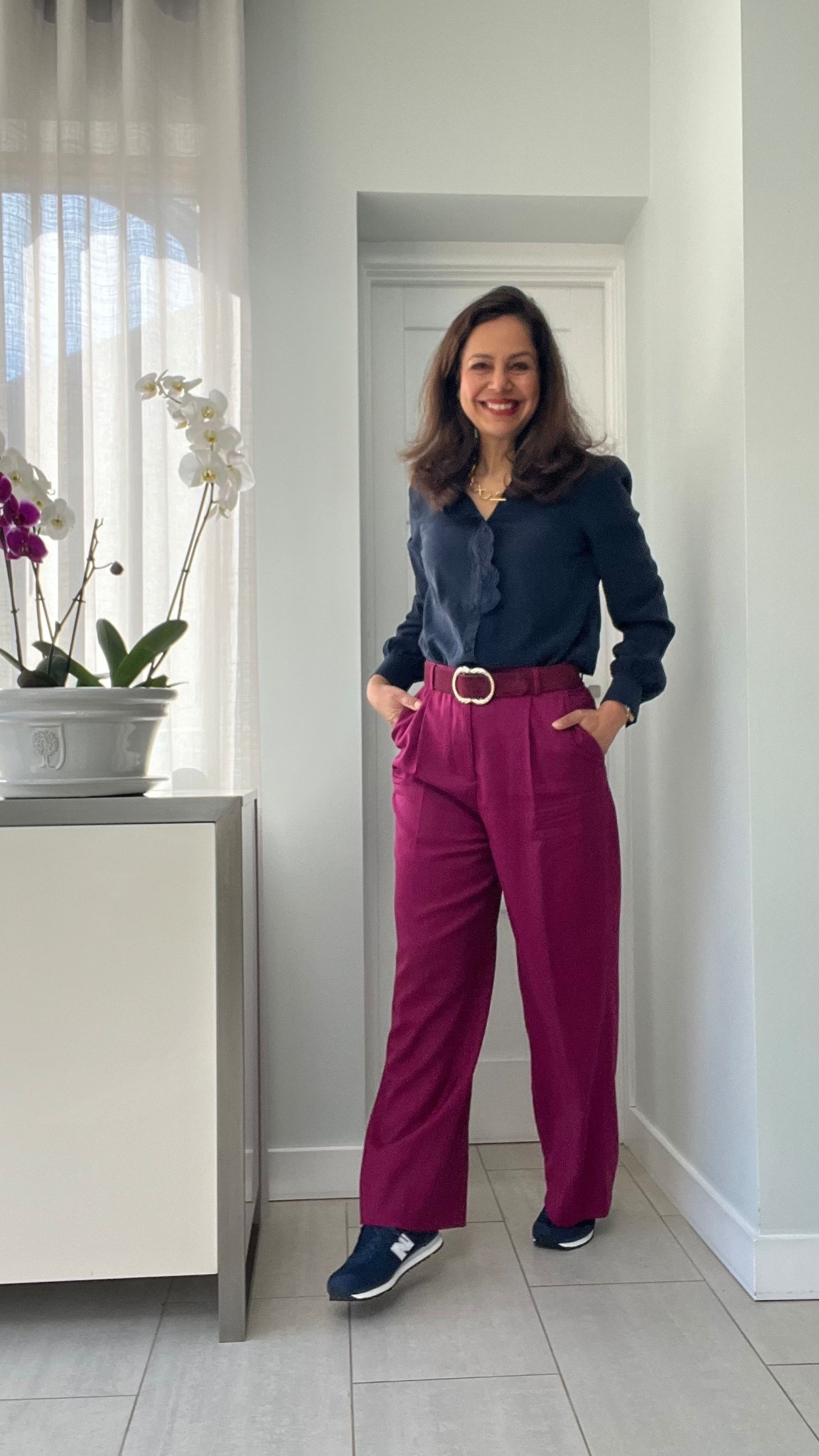 Sezane, New Balance, outfit,  petite fashion, workwear fashion, 
spring outfit, spring style, spring outfit ideas, spring fashion, spring work styling, wide leg trousers, navy trainers, spring work outfits, smart casual outfits, over 50 styling tips, smart outfits

#LTKstyletip #LTKover50style #LTKeurope