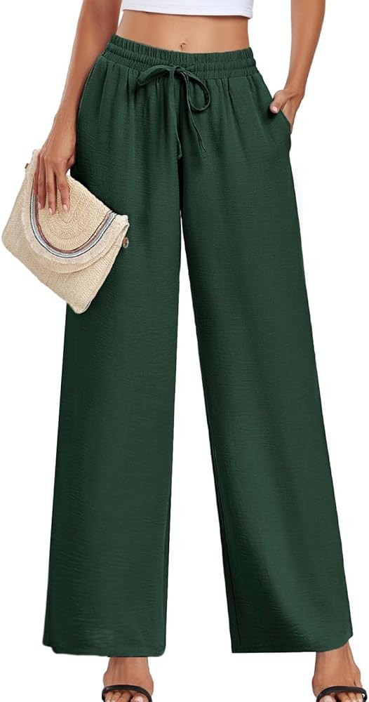 Women's Casual Pants Loose Fit Palazzo Pant Elastic Waist Drawstring Tie Knot Trousers with Pocke... | Amazon (US)