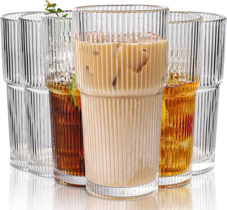Set of 6 Oversize Ribbed Glassware,20oz Vintage Clear Glass Tumbler, Origami Style, Fluted Design... | Amazon (US)