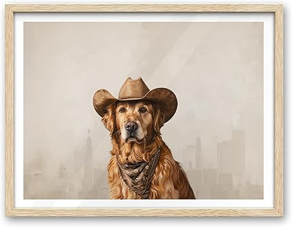 iHery Natural OAK Wood Golden Retriever Neutral Dog Cowgirl Hat Framed Wall Art, 12x16 in Neutral... | Amazon (US)