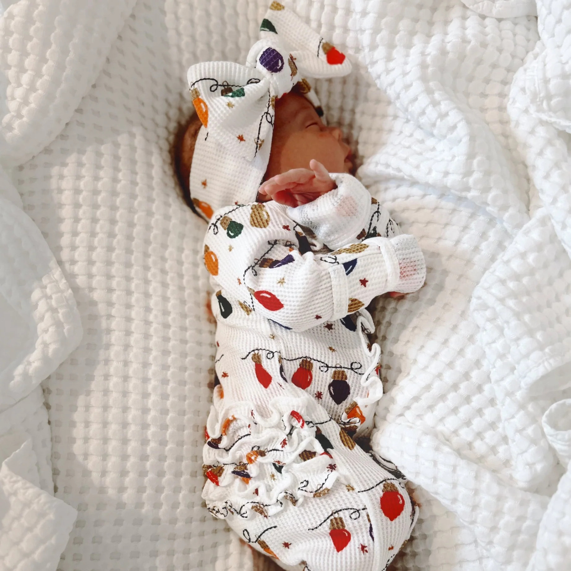 Organic Waffle Ruffle Zip Footie, Christmas Lights | SpearmintLOVE