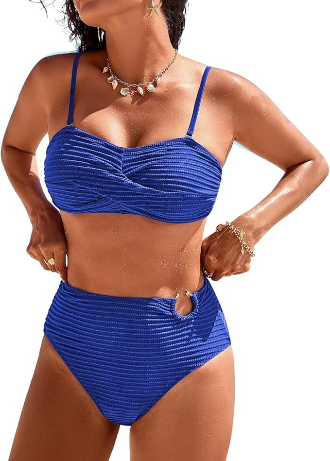 Pink Queen High Waisted Bikini Sets for Women Twist Front Bandeau Top Metal Ring Swimsuits Bathin... | Amazon (US)