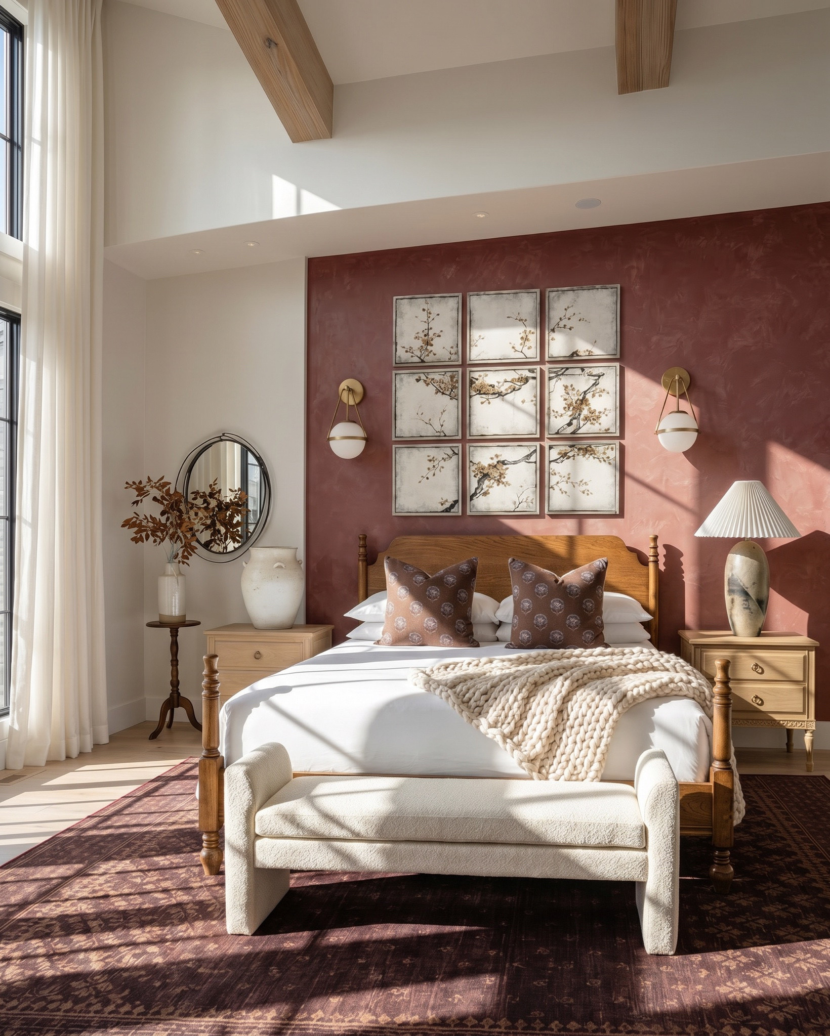 This bedroom and entryway have been living in my head rent free: 

The bedroom that made me rethink everything with deep burgundy venetian plaster accent wall, brass globe sconces, 9-panel chinoiserie art above a wood four-poster bed, chunky knit throw, patterned throw pillows, boucle bench at the foot of the bed, and a marbled ceramic lamp on a natural oak nightstand.

The entryway has a floral wallpaper accent wall, brass globe sconces, wood console table styled with a ceramic lamp, body sculpture, stacked books, a rope vase, with two boucle ottomans tucked underneath.

#LTKhome #LTKsale #LTKstyletip